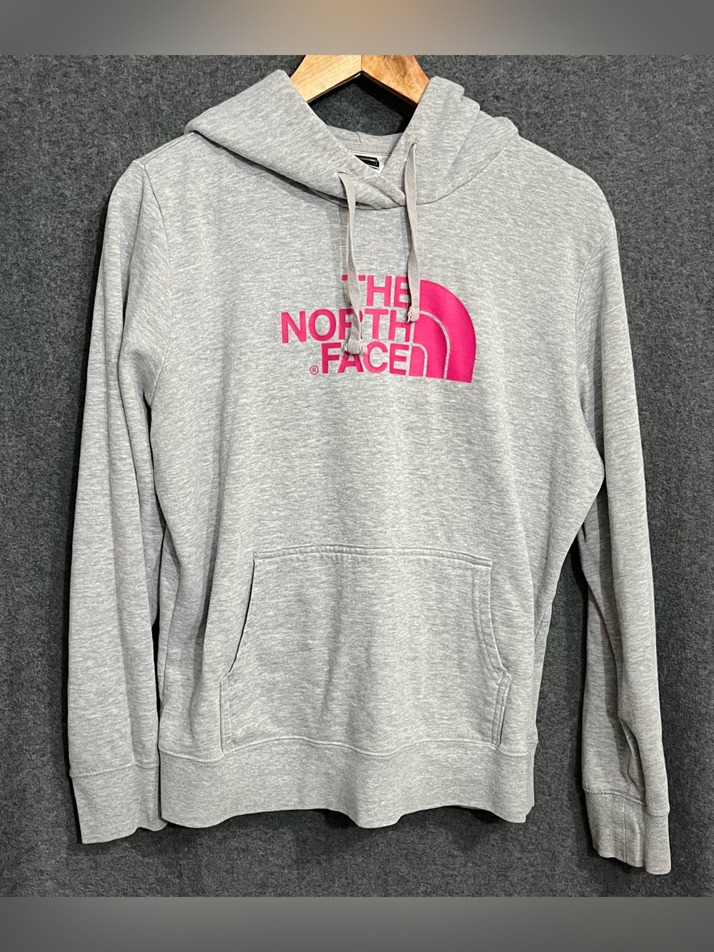 The North Face Light Gray Hoodie with Pink Logo Women’s Large